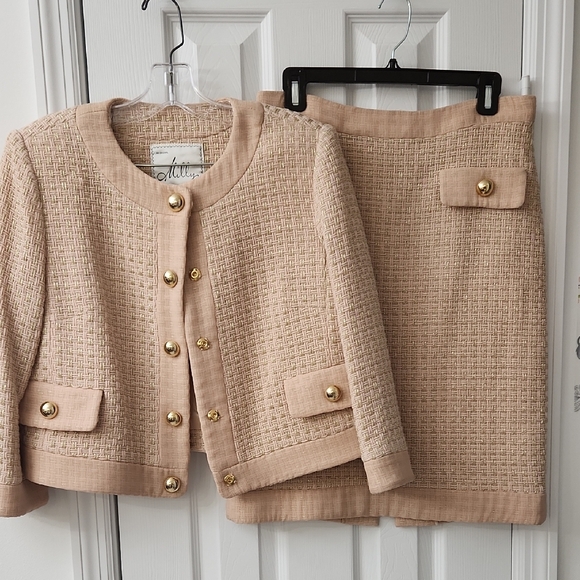 Milly Jackets & Blazers - Milly Of New York, Beige Textured Blazer and Skirt Set